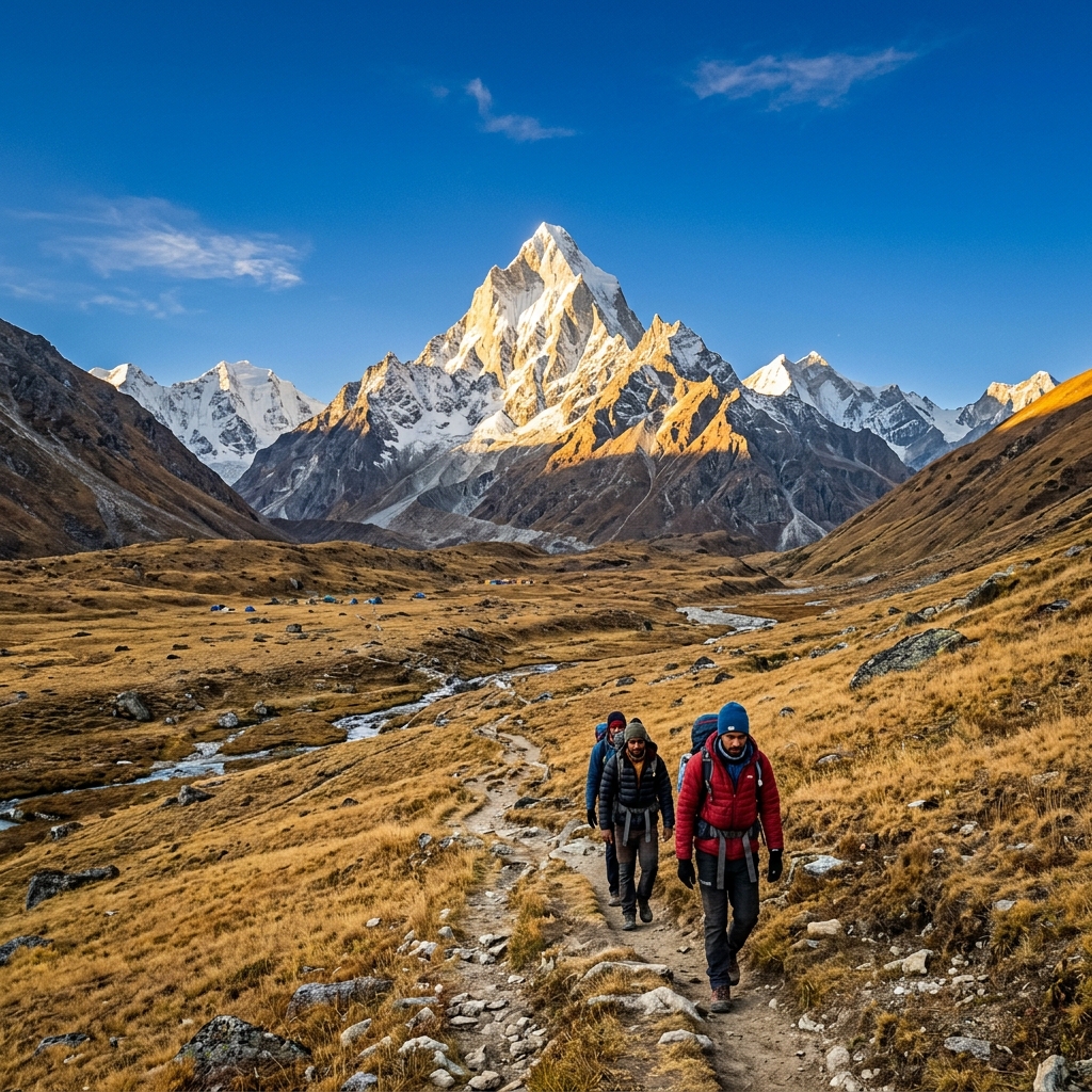 Autumn trekking at Tapovan meadow under Mount Shivling peak