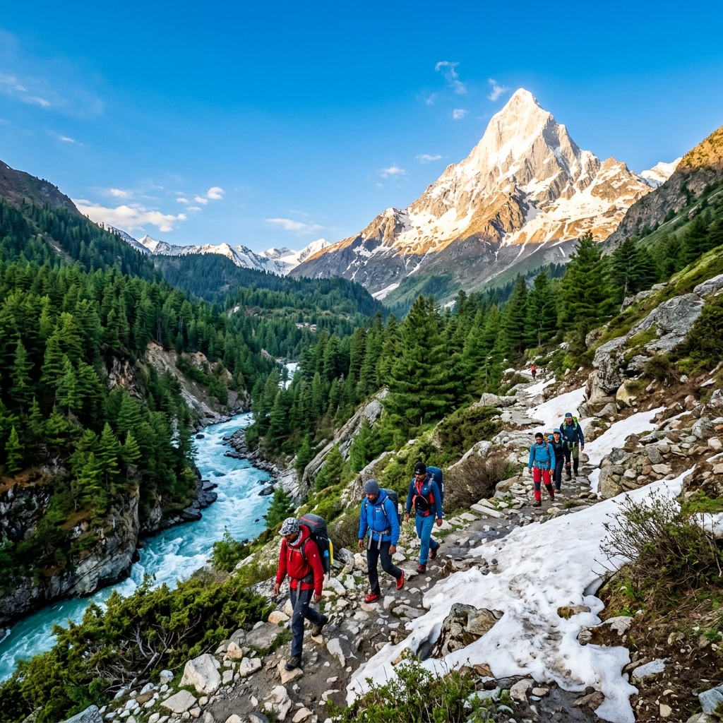 Spring trekking in Gangotri National Park with snow patches along Bhagirathi river