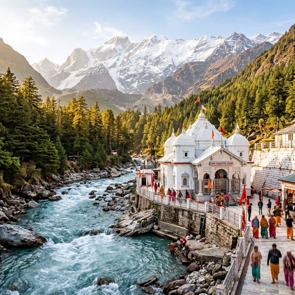 Gangotri Temple and Bhagirathi River Gorge