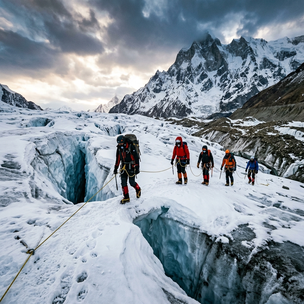 Mountaineers roped together crossing crevasse fields near Kalindi Base
