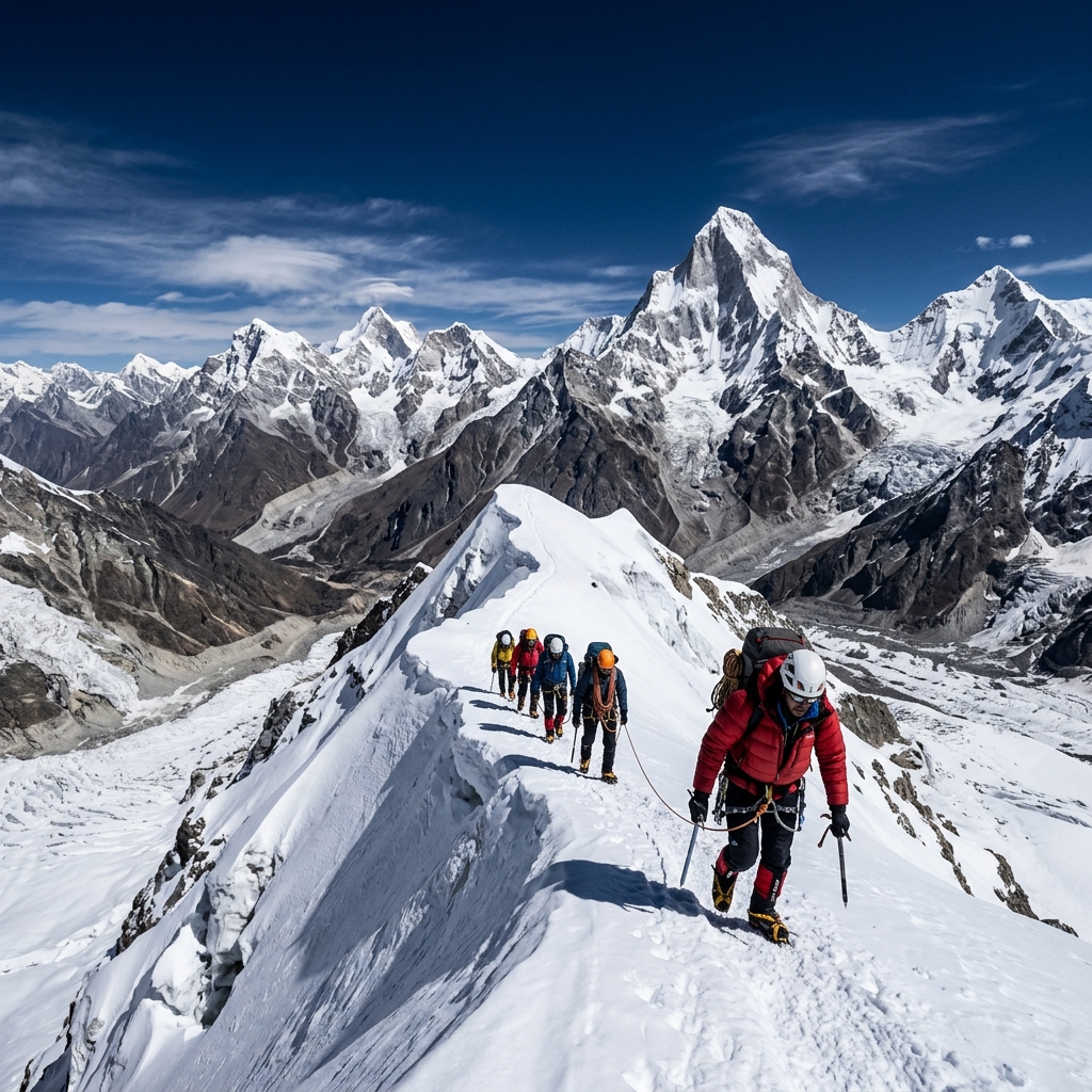 Mountaineers roped together crossing Kalindi Khal Pass at 19,500 feet