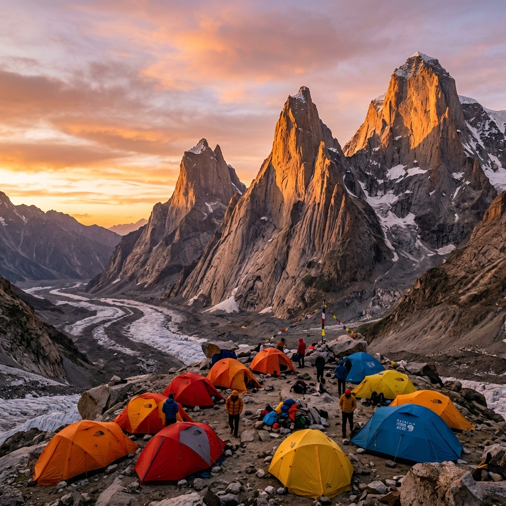 Nandanvan campsite under Bhagirathi peaks at sunset