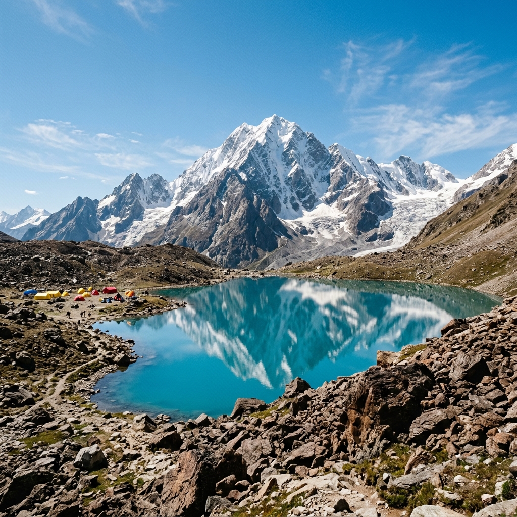 Turquoise glacial lake Vasuki Tal reflecting Mount Vasuki Parbat